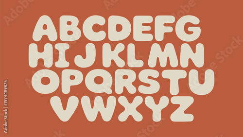 A complete set of uppercase alphabet letters designed in a chunky rounded style displayed against a dark burnt orange background