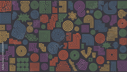 Fotografija Colorful pixel art patterns showcase diverse geometric shapes and intricate maze