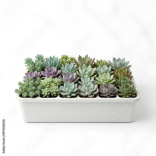 Succulent plants in a white rectangular ceramic pot studio shot.