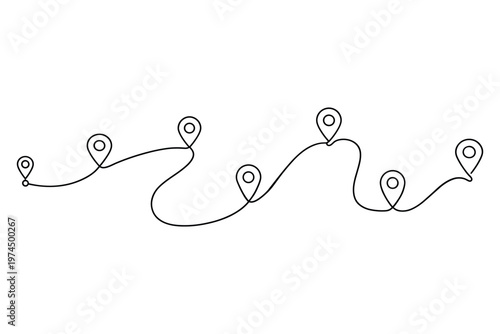 One Line Route with Map Pins – Continuous Travel Path Vector Illustration