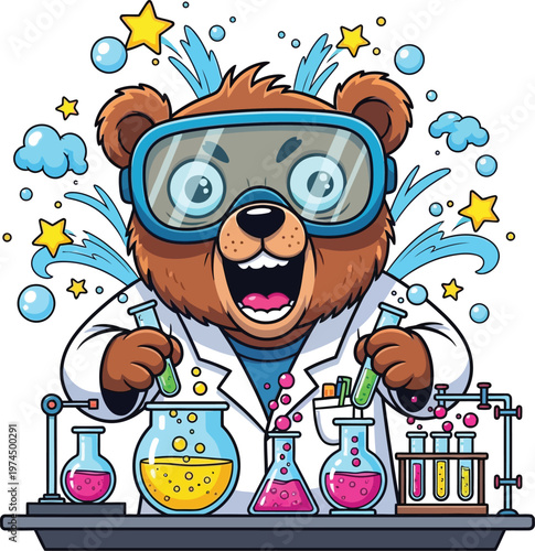 A cartoon bear in a lab coat and goggles is excitedly conducting an experiment