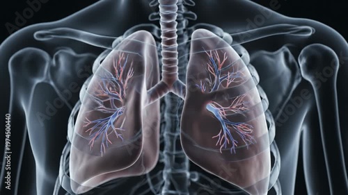 Human Lungs and Respiratory System X-Ray View 3D Animation.