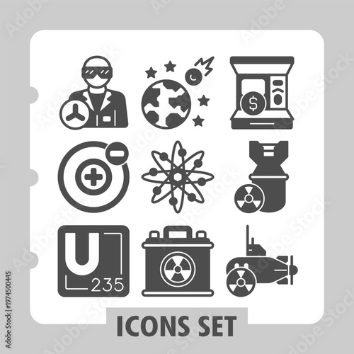 Scientist, electron, uranium icons, showcasing concepts related to science, technology, industry, nuclear energy and space exploration. Set of nine glyph icons on white background.
