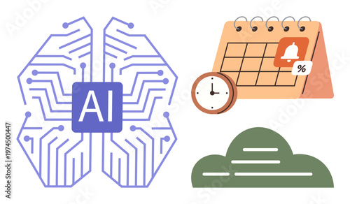 Artificial intelligence, cloud storage, scheduling, task management, data technology, digital planning. Stylized brain with AI circuits, calendar clock and cloud. Artificial intelligence and cloud