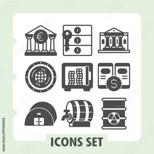 Bank building, globe coin, hangar icons, featuring concepts like banking, financial security, currency, data protection, logistics and resource management. Set of nine glyph icons on white background.