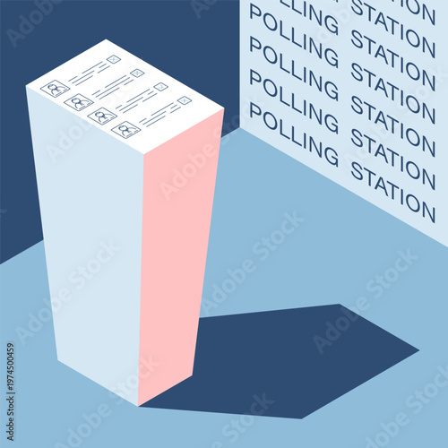 Isometric stack of ballot papers casting a shadow in the form of a directional arrow towards the polling station. Cartoon 3D vector on blue background