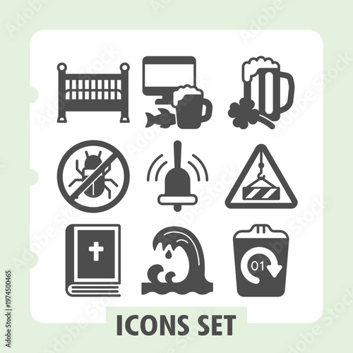 Double bed, bug ban, bible book icons, representing parenting, technology, celebration, warning and environmental concepts. Set of nine glyph icons on white background.