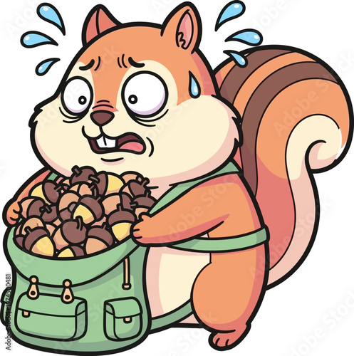 A cartoon squirrel carrying a bag full of acorns
