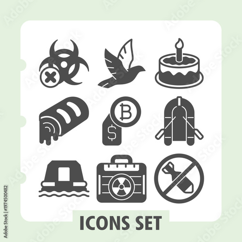 Biohazard ban, cake, emergency boat icons, collection explores concepts like safety, celebration, finance and adventure. Set of nine glyph icons on white background.