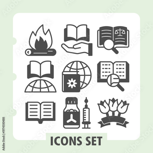 Bonfire, globe book, textbook icons, collection explores concepts like education, environment and law. Set of nine glyph icons on white background.