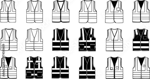 Set of safety vest icons, outlines and solid black silhouettes for high visibility workwear, protective gear, and industrial uniform designs.