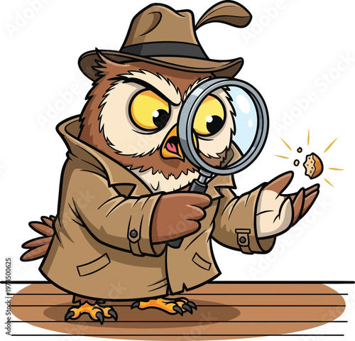 A cartoon owl in a trench coat and fedora examines a piece of food with a magnifying glass