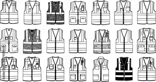Safety Vests Collection. Set of 20 diverse high-visibility protective workwear designs in black and white line art, ideal for construction, industrial, security, and worker uniforms.