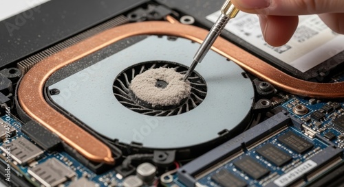 Close-up of a technician cleaning a laptops cooling fan with a screwdriver, revealing intricate internal components and copper heat pipes.