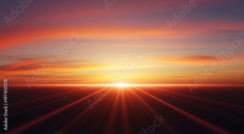 Sunset over horizon with lens flare and streaks horizon line dramatic beautiful atmosphere landscape colorful radiance twilight abstract gradient celestial peaceful