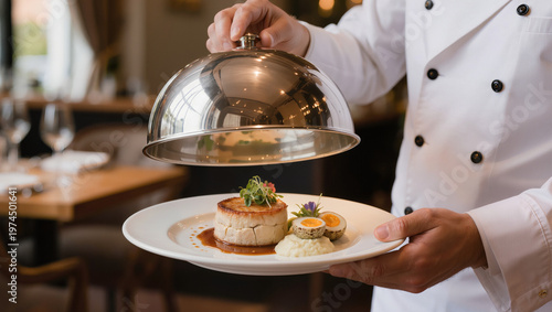 Chef presenting gourmet dish under silver cloche lid.