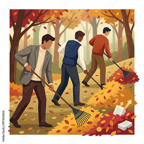 Three men raking leaves in a park during autumn season.