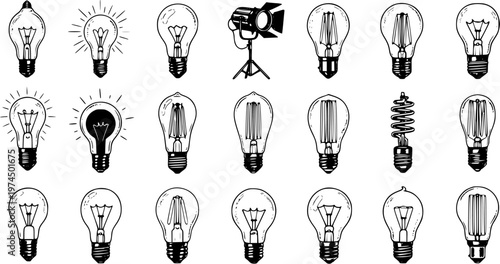 Black and White Line Art Hand-drawn Set of Various Light Bulbs and Studio Lamp. Vector Icons for Lighting, Energy, and Idea Concepts.