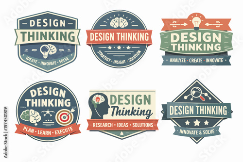 Design thinking badges collection with different design processes, strategies, and steps for innovation and problem-solving