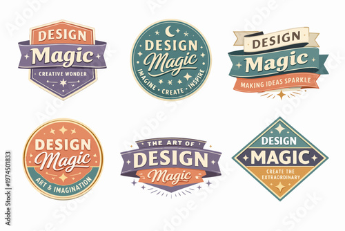 Collection of six design magic badges in a vintage style, featuring creative wonder, imagination, inspiration, and sparking ideas