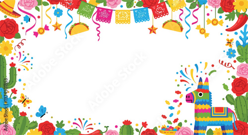 Colorful Mexican pinata donkey in floral desert border frame with traditional tacos decoration.
