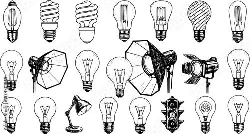Hand-Drawn Black and White Line Art Collection of Light Bulbs and Lighting Equipment for Energy and Idea Concepts