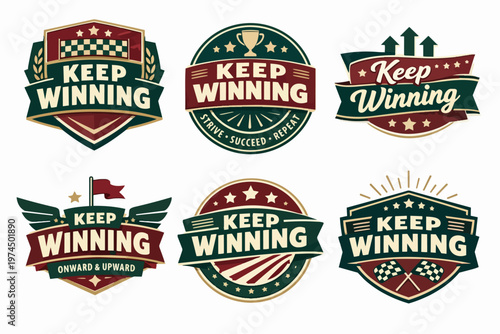 Winning badges collection showing achievement, success, and competitive spirit with trophies, stars, and banners