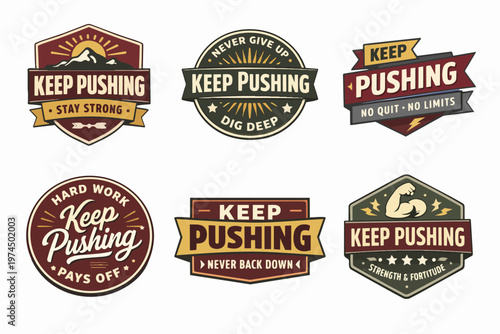 Six vintage-style designs with slogans like never give up, stay strong, no quit - no limits, and hard work pays off