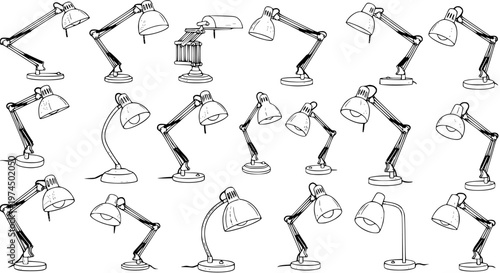 Black and White Line Art Set of Various Desk Lamps, Technology and Office Objects