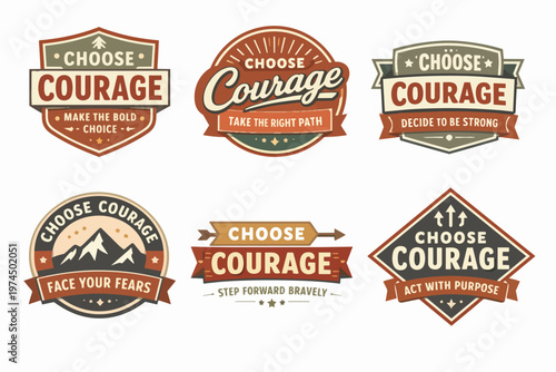 Motivating courage concept shown with six retro style badges, promoting bravery, facing fears, and stepping forward