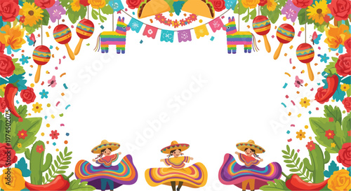 Group of Mexican folk dancers in floral border frame with pinatas and maracas.