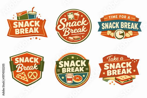 Snack break badges collection with retro design offering food, coffee, donut, sandwich, and pizza for refreshment