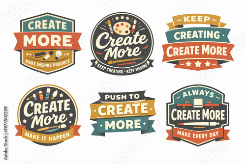 Creating more artwork with artists' tools, creative craft badges and inspirational producer labels with vintage style
