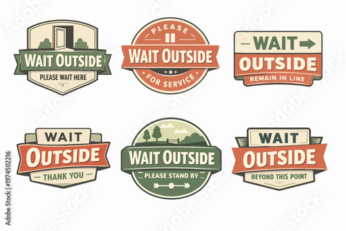 Wait outside signage collection for social distancing and service guidance, vintage safety badges