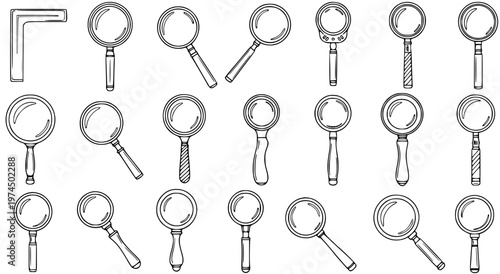 Hand-Drawn Magnifying Glasses Collection in Black and White Line Art Style. Various Magnifiers for Investigation, Science, Research, and Education Concepts.