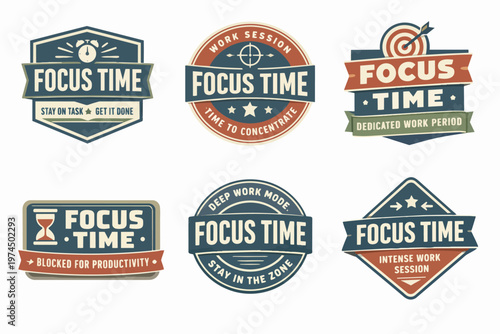 Set of focus time badges and labels. Concepts of productivity, deep work, concentration, and intense work sessions
