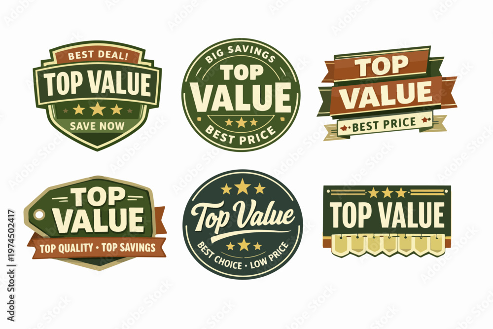 Obraz premium Collection of top value badges featuring best deal, best price, saving, and quality concepts for retail promotions