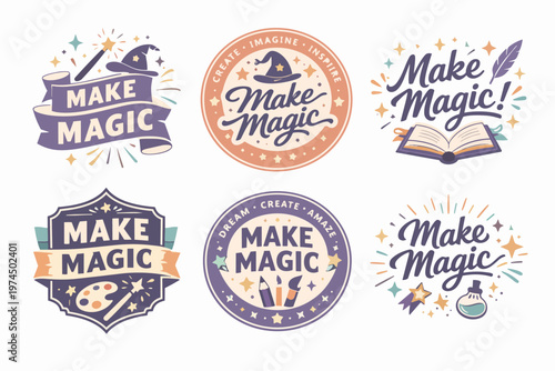 Make magic badges set with wizard hats, wands, spell books, and creative tools for imagination and inspiration concepts