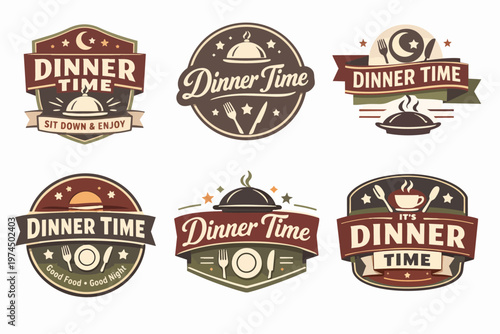 Collection of retro dinner time logos with culinary symbols, perfect for cafes, restaurants, and menu designs in a classic style