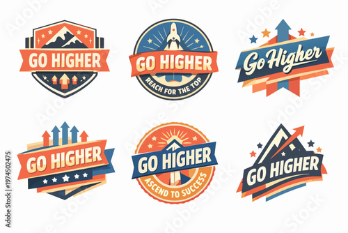 Vector collection of vintage style badges and emblems promoting motivation, growth, and ascending to success