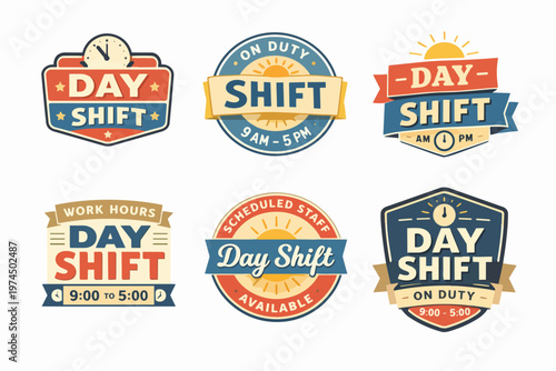 Day shift work hours and employee schedule badges, ideal for business, time management, and staff availability concepts
