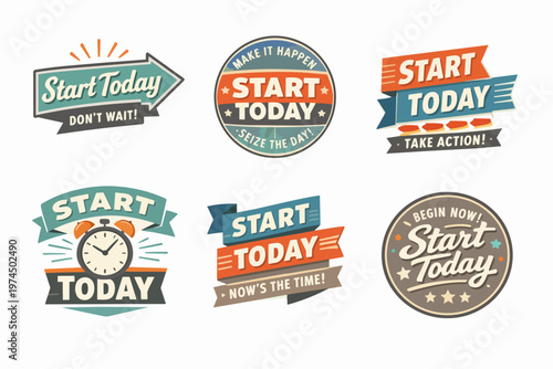 Collection of start today motivation badges and stickers, promoting action, time management, and goal achievement