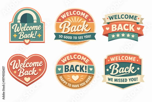 Welcome back retro labels set for hospitality, greetings, and returning customers, with hearts and stars