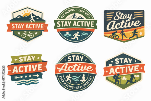 Stay active badges set illustrating outdoor running, cycling, hiking, and yoga for healthy lifestyle and fitness concepts