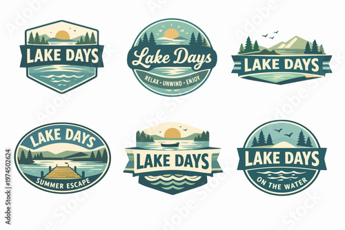 Lake days emblems collection featuring scenic nature landscapes, outdoor recreational badges for summer travel and adventure