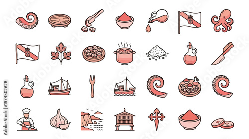 Galician Octopus Cuisine Icon Set in Line Style. A collection of Linear Icons, including tentacle, paprika, oil, salt, flag, platter, knife, chef, boat, garlic, h??rreo, cross