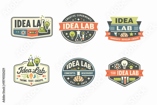 Idea lab research and development retro badges collection for experimentation and creative thinking science concepts