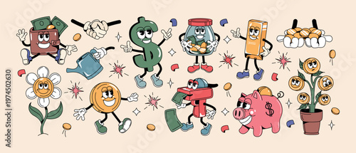 Cartoon retro groovy money characters. Sticker set of funny piggy bank, wallet, dollar symbol, golden bar, glass jar moneybox with coins. Financial plant with funky faces. Saving or investment concept