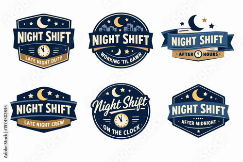 Set of vector designs visualizing the concept of night shift, long hours, and occupational themes using moon, stars, and clock graphics