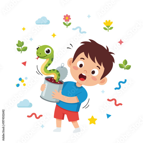 Young boy shocked by surprise snake toy popping out from tin can prank for carnival and joke.